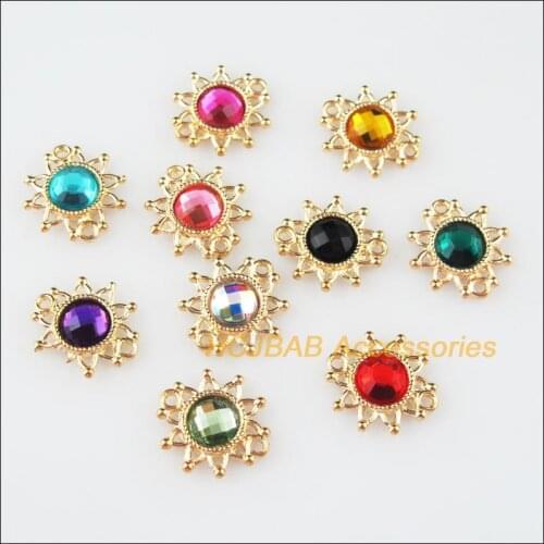 30 New Sun Flower Mixed Charms Crystal Pendants Gold Color Connectors 14x15mm