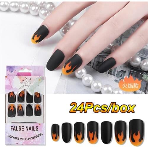 24Pcs/ Box Professional Matte Classic Natural Fire Flame Nail Tips Full Cover Short Round Head Punk Fake Nails Manicure Tool