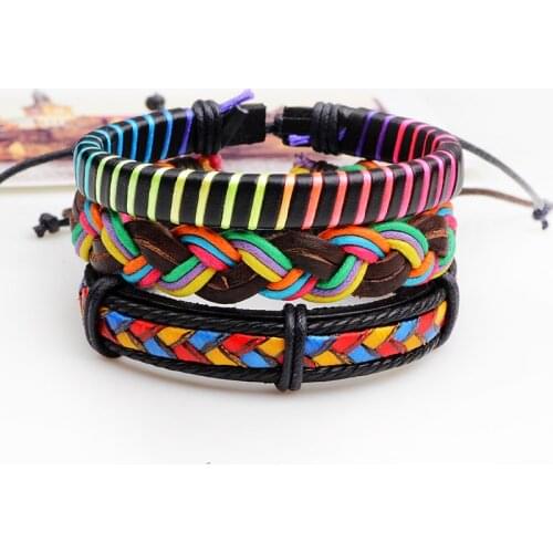 4pcs/set Punk Genuine Leather Alloy PU Hemp Rope Handmade Adjustable Braided Unique Men Jewelry Women Bracelets