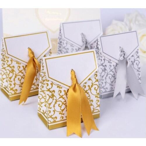 500pcs Gold Ribbon Gift Paper Bags Engagement Anniversary Wedding Party Cake Favour Favor Gift Boxes wedding decor