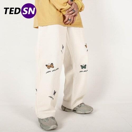 Streetwear Vintage Butterfly Print Straight Pants Casual Cotton Loose Elastic Waist Pants Hip Hop Harajuku Joggers Men Trousers