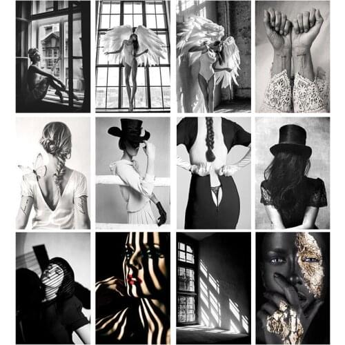 Black White Angel Wings Fashion Prints Posters Golden Silver Woman Canvas Painting Sexy Girl For Living Room Home Decor Unframed