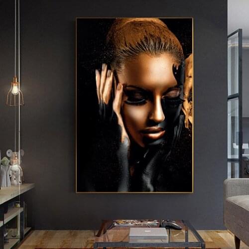 Black Golden African Woman Oil Painting on Canvas Art Posters and Prints Wall Picture Scandinavian Cuadros for Living Room Decor
