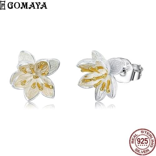 GOMAYA Flower Shape Stud Earring S925 Sterling Silver Petal Gold Plated Stamen Earrings Send Girlfriend Gifts Life Fine Jewelry