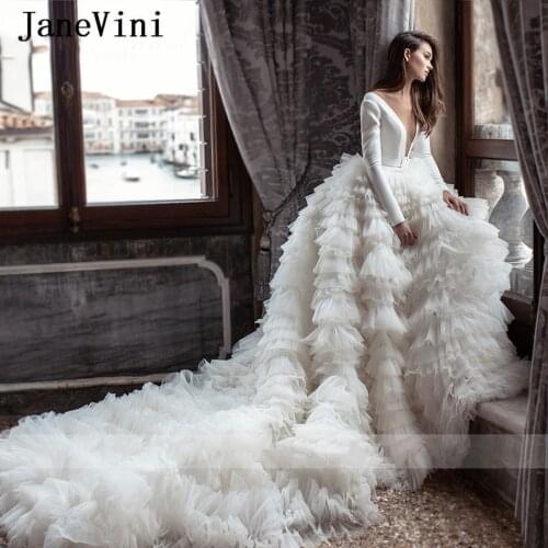 JaneVini 2020 Luxury White Long Sleeves Wedding Dresses Ball Gown Sexy V Neck Button Back Tiered Ruffles Cathedral Bridal Gowns