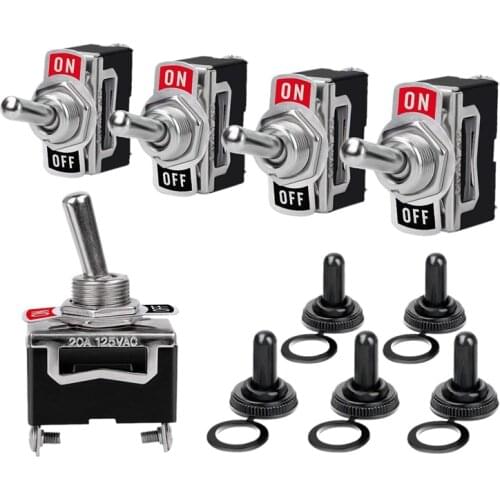 Heavy Duty Rocker Toggle Switch 15A 250V 20A 125V SPST 2 Pin ON/OFF Switch Metal Bat Waterproof Boot Cap Cover - 5 Pack