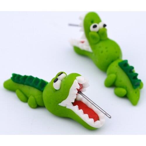 Cute Green Crocodile Animal Earrings 3D Earring Studs Polymer Clay Boucle D'oreille Femme Brincos Women Jewelry L0537