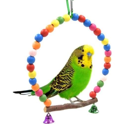 20pcs/lot Natural Wooden Parrots Swing Toy Birds Perch Hanging Swings Cage With Colorful Beads Bells Toys Bird Supplies