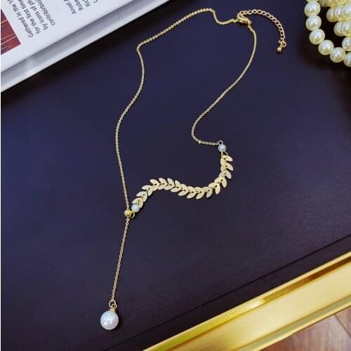 Hot Fashion Casual Personality Gold Color Leaf Lariat Pearl Necklaces Pendants Bar Simple Leaf Choker Necklaces For Women