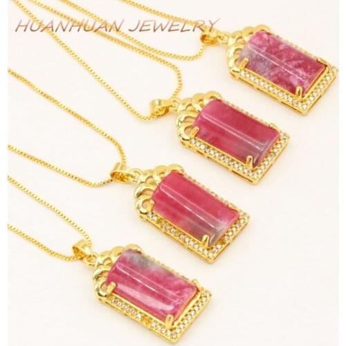 Natural Jades Stone Pendant Women 14x29mm Gold-Color Chain Necklaces & Pendants Stainless Steel Exquisite Zircon Jewelry B3355