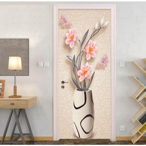 PVC Self Adhesive Waterproof Mural Wallpaper 3D Stereo Fashion Simple Vase Flowers Door Sticker Living Room Bedroom Home Decor