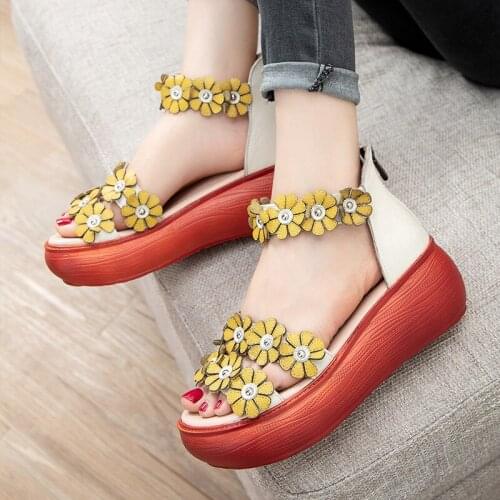 2021 Summer Women Genuine Leather Sandals ladies Flower Sandals Ladies Open Toe Casual Shoes Platform Wedge Sandals Beach Shoes