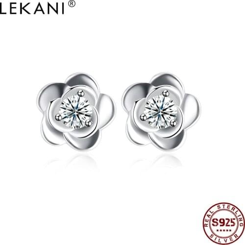 LEKANI Romantic Flower 925 Sterling Silver Stud Earrings For Women Clear Cubic Zirconia Party Earring Fine Jewelry New Arrival