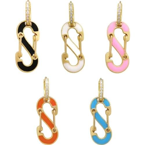 1 Piece CZ Hoop Dangle Earrings Neon Green Yellow Bright Fluorescent Jewelry Enamel Geometric S Shape Rivet Gold Color Earring