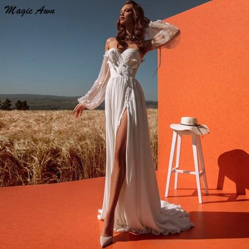 Magic Awn Charming Chiffon Boho Wedding Dresses With Detachable Sleeves Lace Appliques Side Split Mariage Gowns A-Line Vestidos