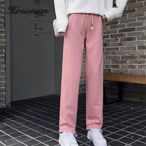 Hirsionsan Loose Straight Elastic Pants Women High Waist Thin Winter Thicken Warm Causal Slim Trousers Female Pink Sweatpants