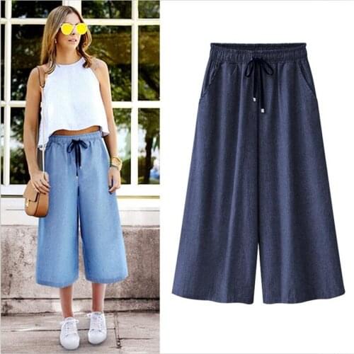 2020 Women Casual Wide Leg Jeans loose High Waist Drawstring 2 Color Calf-Length Pants Vestido Plus Size Women Pants M-7XL
