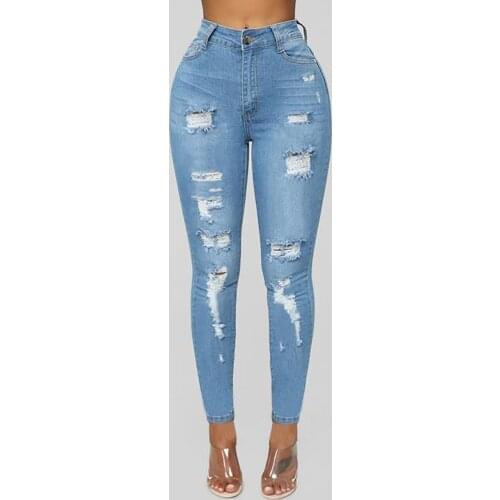 Women Stretch Ripped Jeans Solid Color Hole High Waist Pants Slim Pencil Long Straight Denim Pants Streetwear
