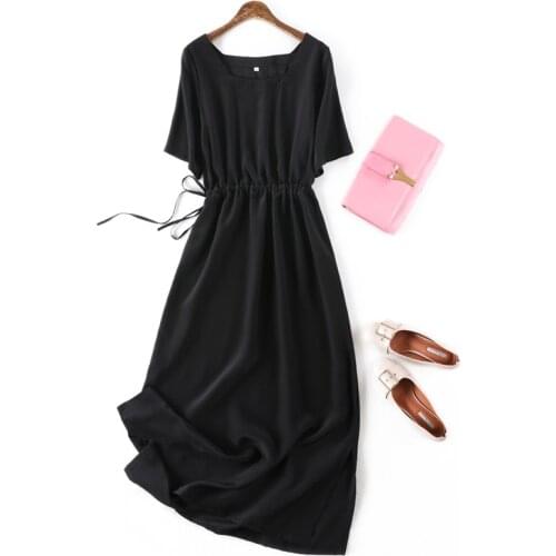 Women Summer 100% Natural Silk Dress Elegant Dress Casual Holiday Real Silk Long Black Dress