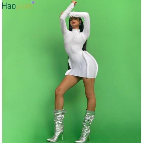HAOYUAN Sexy Long Sleeve Bodycon Mini Dresses Birthday Outfits for Women Y2k Fall Clothes Solid Rib Knit Night Club Party Dress