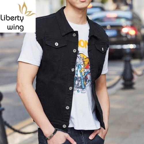 Mens Waistcoat New Fashion Summer Hot Sale Slim Fit Sleeveless Denim Vests Biker Casual Pockets Single Breasted Coat Men