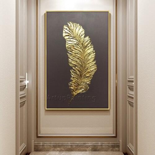Gold Sliver Feather hand painted oil acrylic painting Canvas Large black Wall Art Modern abstract Home Decor Living Room