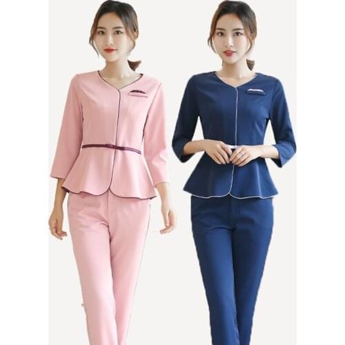 2020 Spa Uniform Salon Korean Clothes Fashion Slim Massage Health Overalls Set Wholesale Beauty Salon Work Clothes AS276