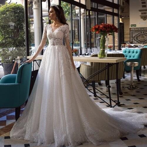 Glitter Tulle Wedding Gowns 2021 New V Neck Short Sleeves Appliques Beaded Sequin Lace Bridal Dress Suknia Slubna