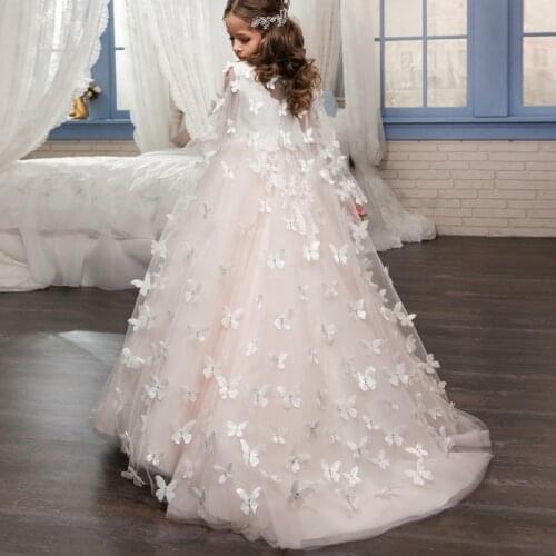 Kids Dress For Girls Pink Flower Girl Princess Dresses Lace Butterfly Detachable Shawl Long Formal First Communion Party Dress