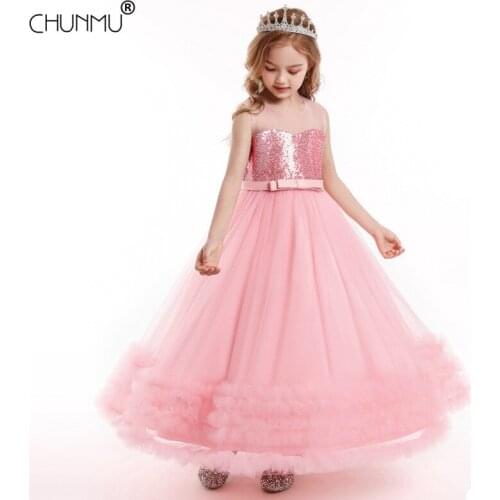 Kid Princess Dress Flower Girls Birthday Party Dress Children Lace Bowknot Sequined Clothes Elegant Sleeveless Wedding Dress