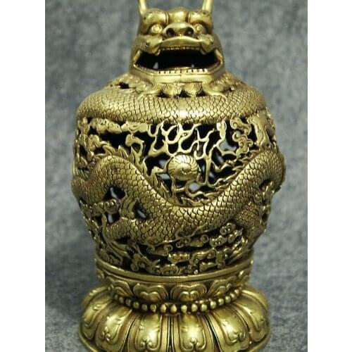 Folk Tibet Brass Buddhism Wealth Pan Dragon Head Statue Incense Burner Censer
