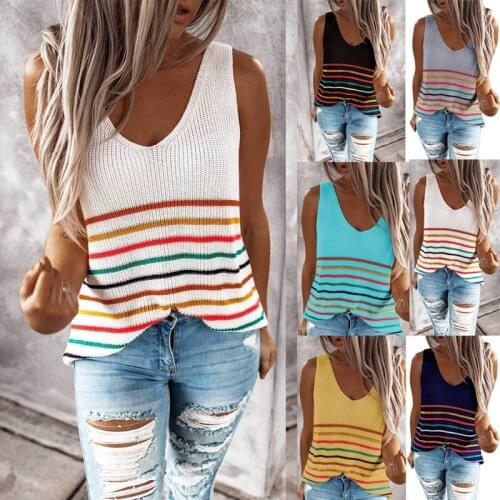 Knitted Tank Tops Women Summer 2020 Casual Color Striped Sleeveless V Neck Loose Elegant Knit Vest Ladies Streetwear Camis Tops