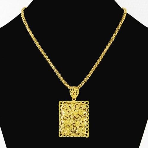 24k Yellow Gold Color Mens Rap Necklace Vintage Square Pendant 68CM Popcorn Chain Necklace collares Populares Fashion Jewelry