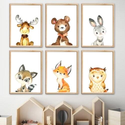Elk Bear Rabbit Raccoon Fox Owl Jungle Animals Wall Art Canvas Painting Nordic Posters And Prints Wall Pictures Kids Room Decor