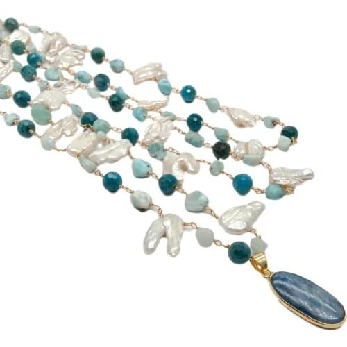 YYGEM natural kyanite Pendant necklace 3 Strands White Keshi Pearl Larimar Apatite Wrap statement Necklace 17'' for women