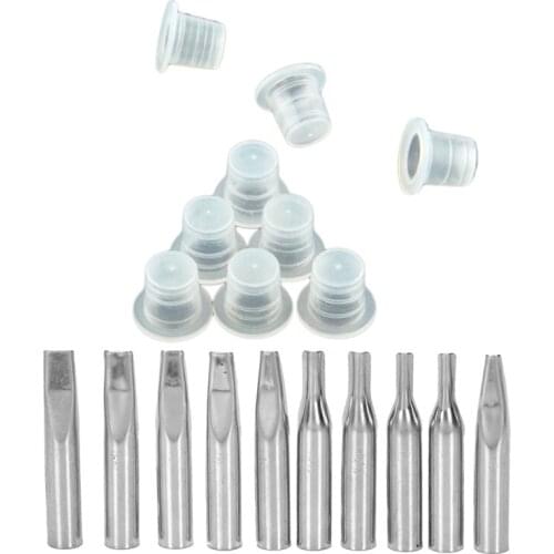 200X Plastic Small Tattoo Ink Cups Caps Holder Supplies & 10X Stainless Steel Nozzle Tips For Tattoo Machine