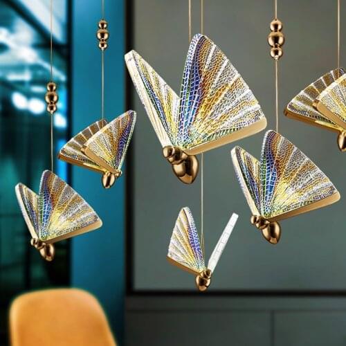 New butterfly pendant light acrylic colorful wind kitchen wire hanglamp gold lighting fixture for living room bedroom bedside