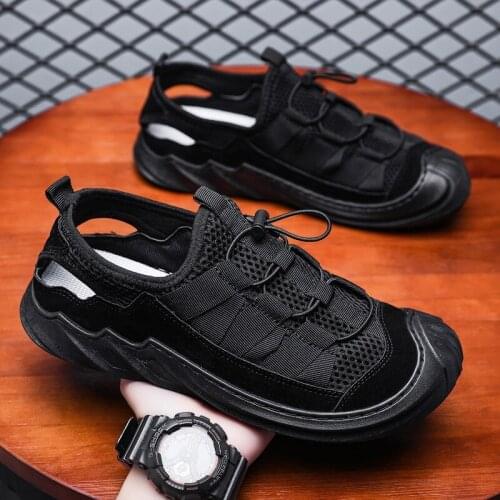 Mens Summer Sandals Mesh Hollow Lace Up Elastic Casual Sandals Lightweight Cushioning Outdoor Casual Shoes Fashion Beach Shoes