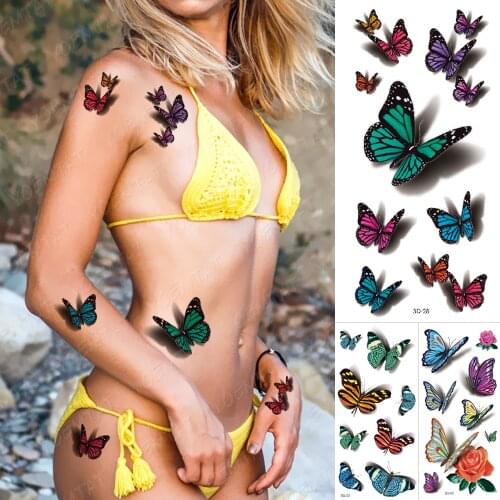 3D Rose Waterproof Temporary Tattoo Sticker Butterfly Fake Flash Rose Feather Tatoo Body for Women