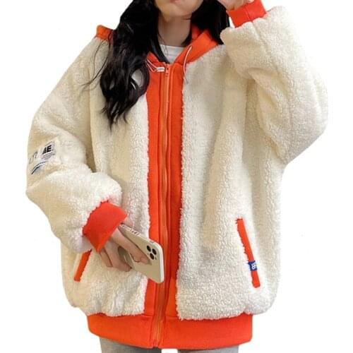 Winter High Street Kpop Women Clothes Hoodies Sweatshirt Stitching Lamb Cashmere Patch Letters Harajuku Hoodie Pullover Femme