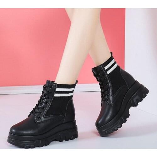 Womens Inner Heightening Martin Boots Fashion Ladies Short And Fat Socks Boots Autumn And Winter Plus Velvet Motorcycle Boots