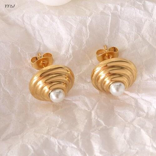 Conch pearl stud earrings for women stainless steel gold spiral unusual earrings summer outer banks holiday jewelry 2021