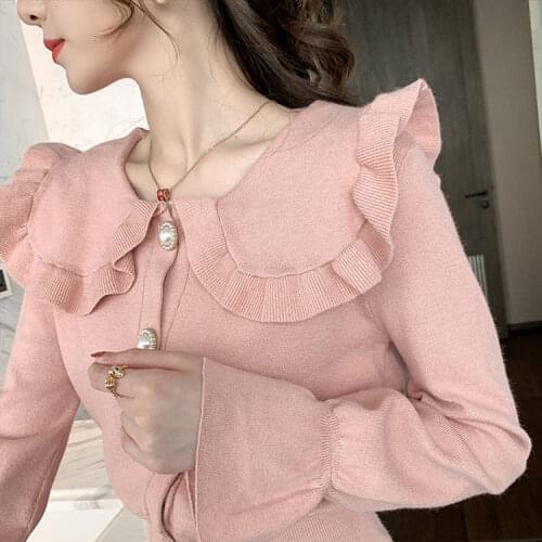 Woman Sweaters Pullover Autumn Doll Collar Knitted Cardigan Bell Sleeve Sweater Long Sleeve Top for Women Femme Chandails