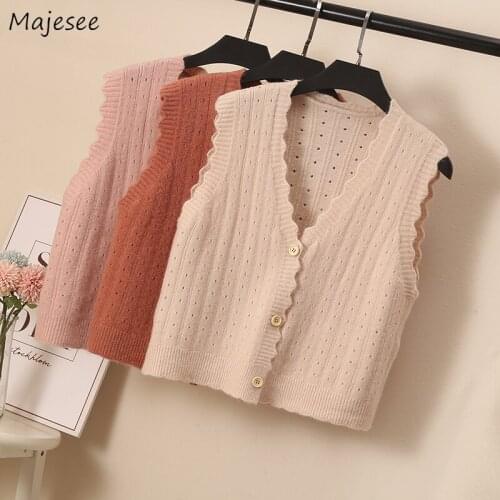 Sweater Vest Women Hollow Out Button Fly Jumpers Womens Loose Short Casual Trendy Sweaters All-match Female Chic Ins Harajuku