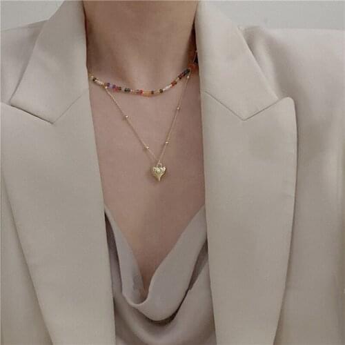 Origin Summer Trendy Double-Layer Multicolor Beaded Pendant Necklace for Women Love Heart Crystal Metal Chain Necklace Jewelry