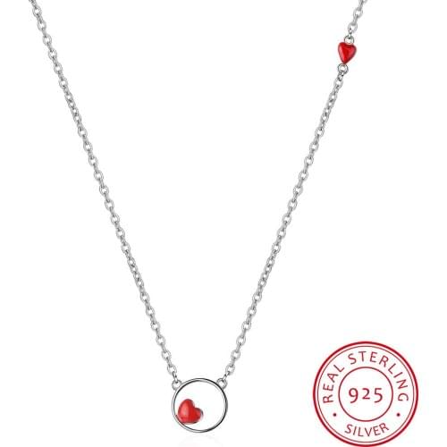 Drop Glaze Red Enamel Love Heart Heart Circle Pendant Necklace 925 Sterling Silver Clavicle Chain Necklace For Women
