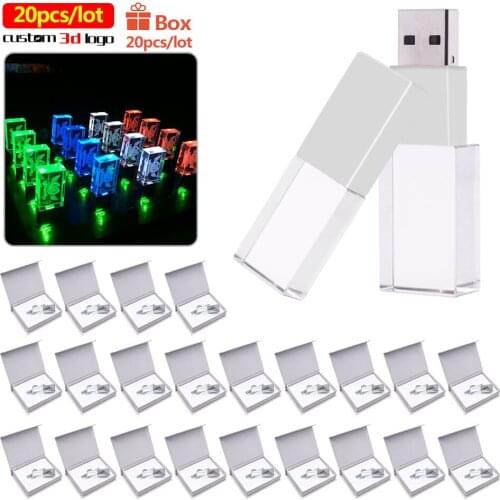 20pcs/lot usb2.0 Crystal LED light flash drive 8GB 16GB 32GB 64GB 128GB Pendrives free custom 3d logo Capacity Usb stick gifts