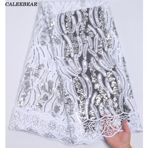 2021 Latest White Nigerian Sequin Lace Fabric Embroidery French Mesh Lace Fabric With Sequins African Tulle Lace For Party S2217