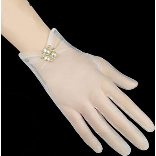 5pc/Lot new white pearls short finger lady girl transparent wedding bridal gloves free shipping