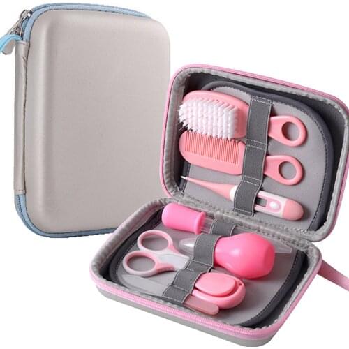 8PCS Baby Care Grooming Set Kit with Nail Clippers File Hair Comb Brush Nasal Aspirator Scissors Thermometer Dropper Device